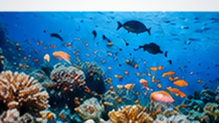 A coral reef ecosystem with branching corals and reef fish in clear blue water.