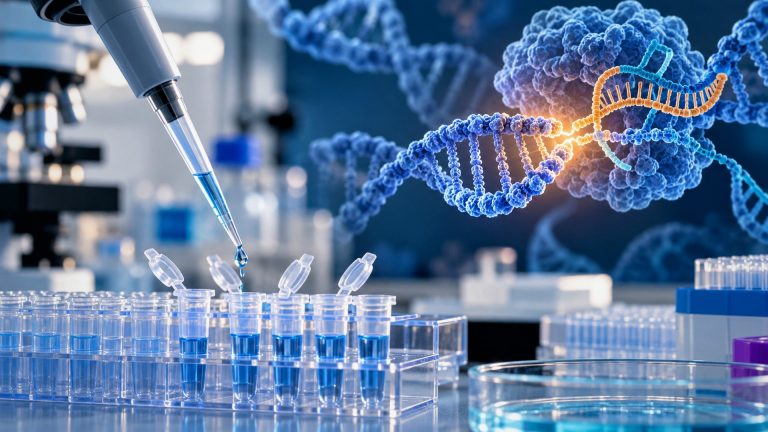 Laboratory scene with pipetting equipment and a molecular visualization representing CRISPR genome editing.
