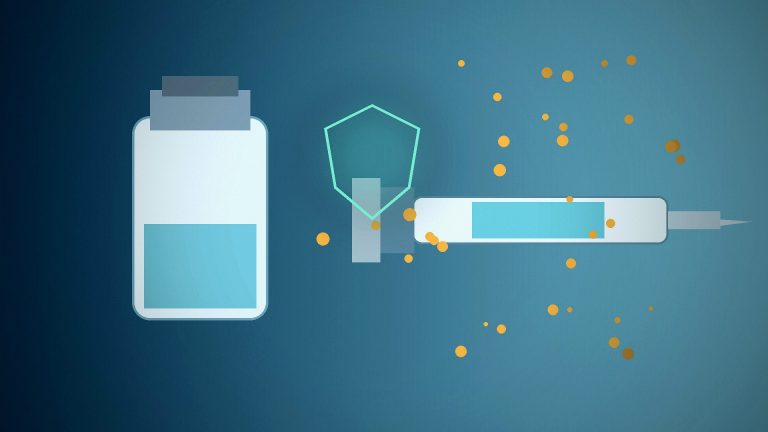 Editorial illustration of a vaccine vial and syringe with immune-memory motifs.