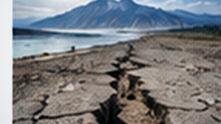 A surface rupture crossing a dry landscape near mountains, illustrating earthquake faulting.